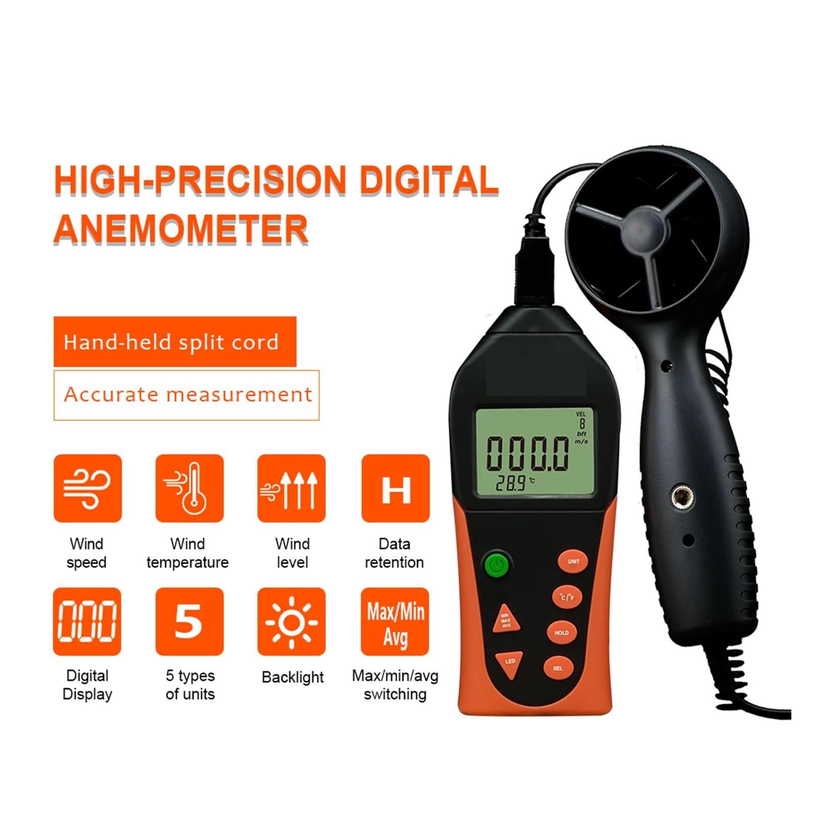 Anemómetro de mano Anemómetro Termómetro Digital Portátil Medidor De Velocidad Del Viento Conexión USB For La Pantalla De Paleta Probador De Temperatura LCD