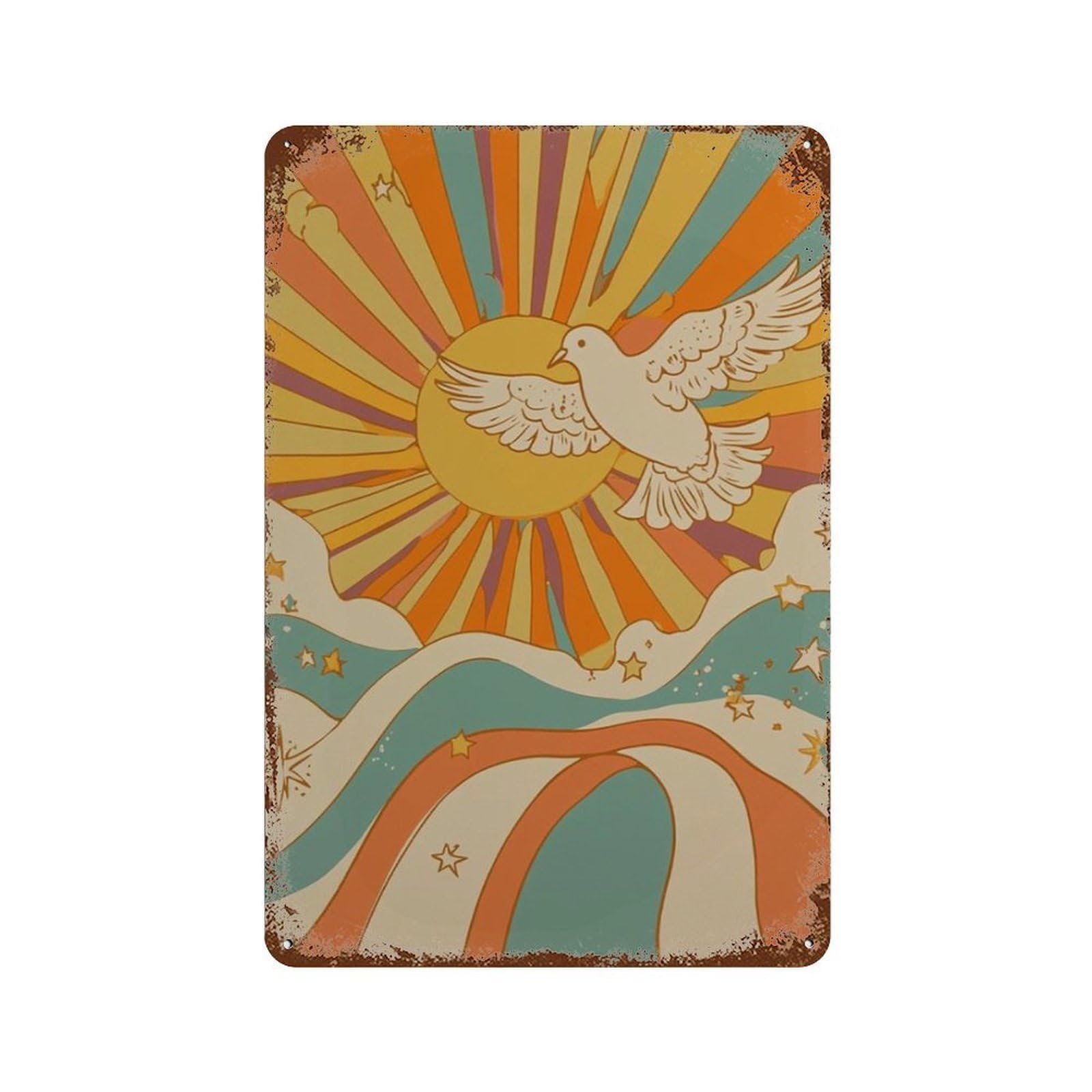 xiaoxiaoshen Retro Dove Rainbow Peace Bird Sunburst Abstract Wall Decor Art Metal Tin Poster Modern Home Decor Art Home Bar Shop Decorations Vintage Sign 30x20cm