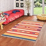 Material: 100 % algodón Pergamon Kelim Lina - Alfombra Natural de algodón - Rayas Rojas Amarillas - 7 Tamaños