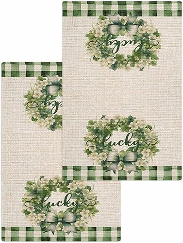 Kitchen Towel 2 Packs Cotton Waffle Weave, Retro Check St. Patrick's Day Wreath 16 x 24 Inch Absorbent Quick Drying Dish Towels Clothes for Kitchen