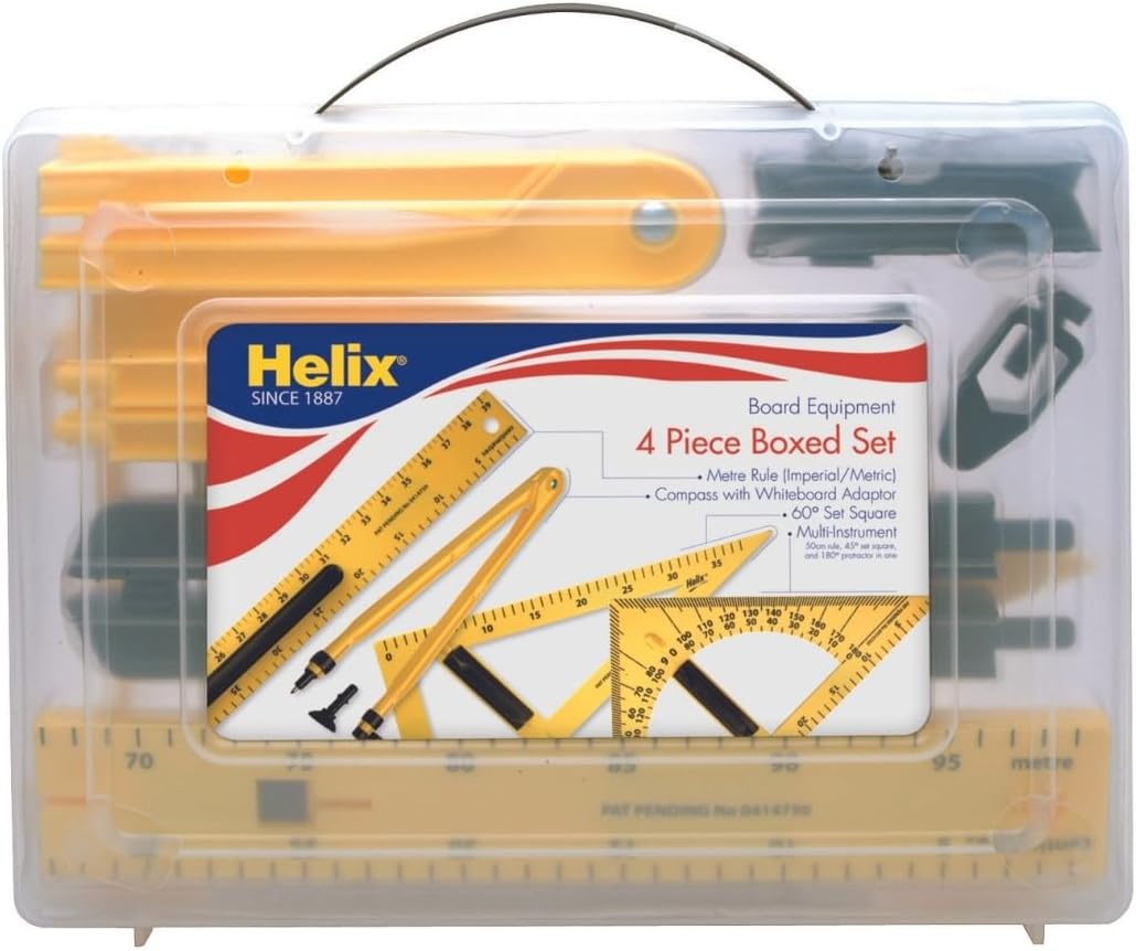 Helix Magnetic Classroom Whiteboard Geometry 4 Piece Set, Includes Compass, 2 Triangles and Ruler (31619)