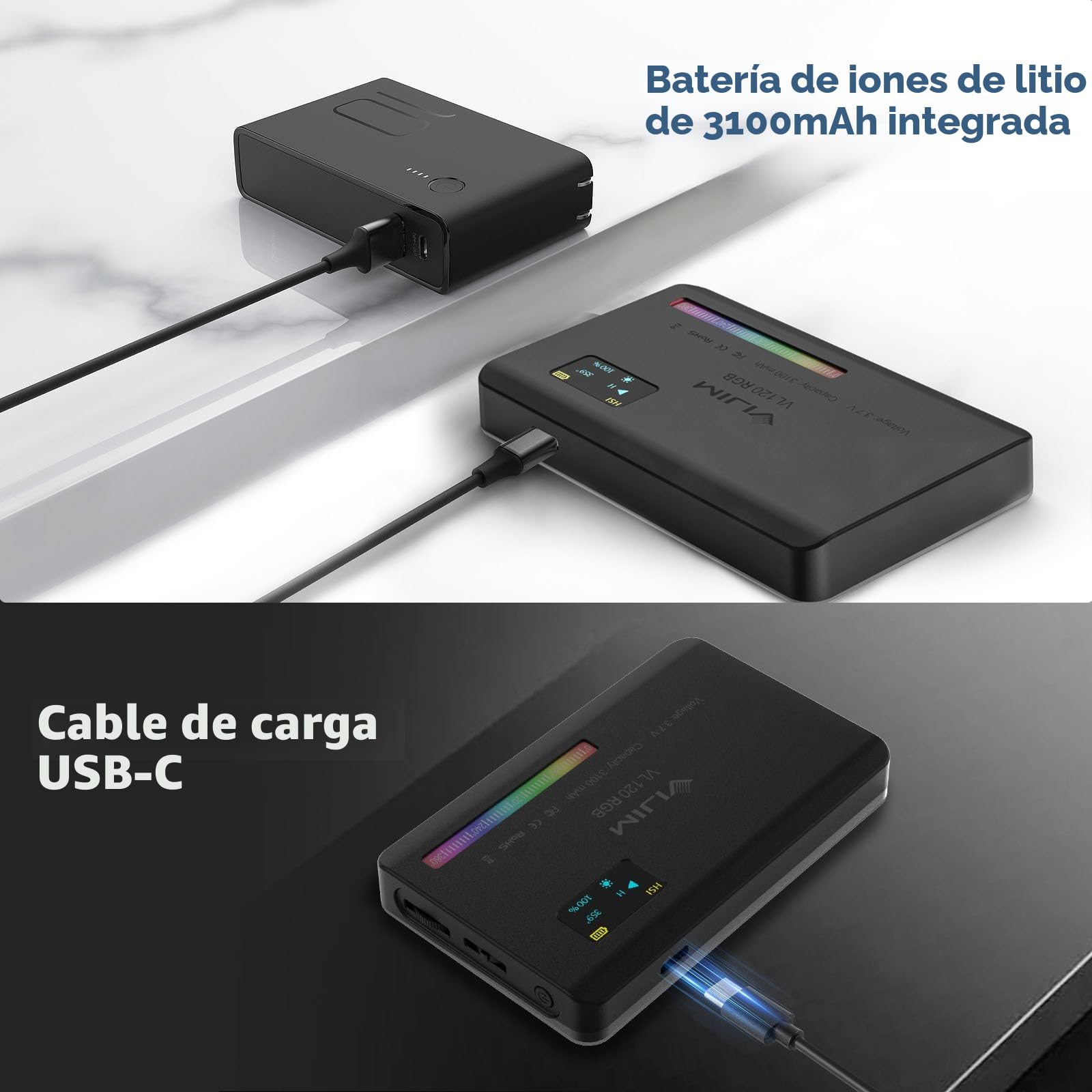 ULANZI VL120 RGB Luz de vídeo LED, luz de vídeo de 5" Regulable 2500K-9000K, luz de cámara con Soporte de Zapata fría, batería incorporada de 3100mAh, luz para fotografía de vídeo con cámara