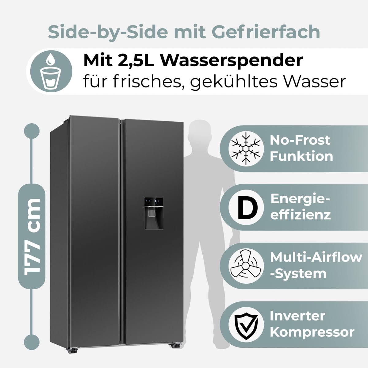 Bomann® Side by Side Kühlschrank | Wasserspender mit Tank | Energieklasse D | 177cm | NoFrost | 5 Jahre Kompressor-Garantie | Kühlschrank mit Gefrierfach | MultiAirflow-System | SBS 7367 dark inox