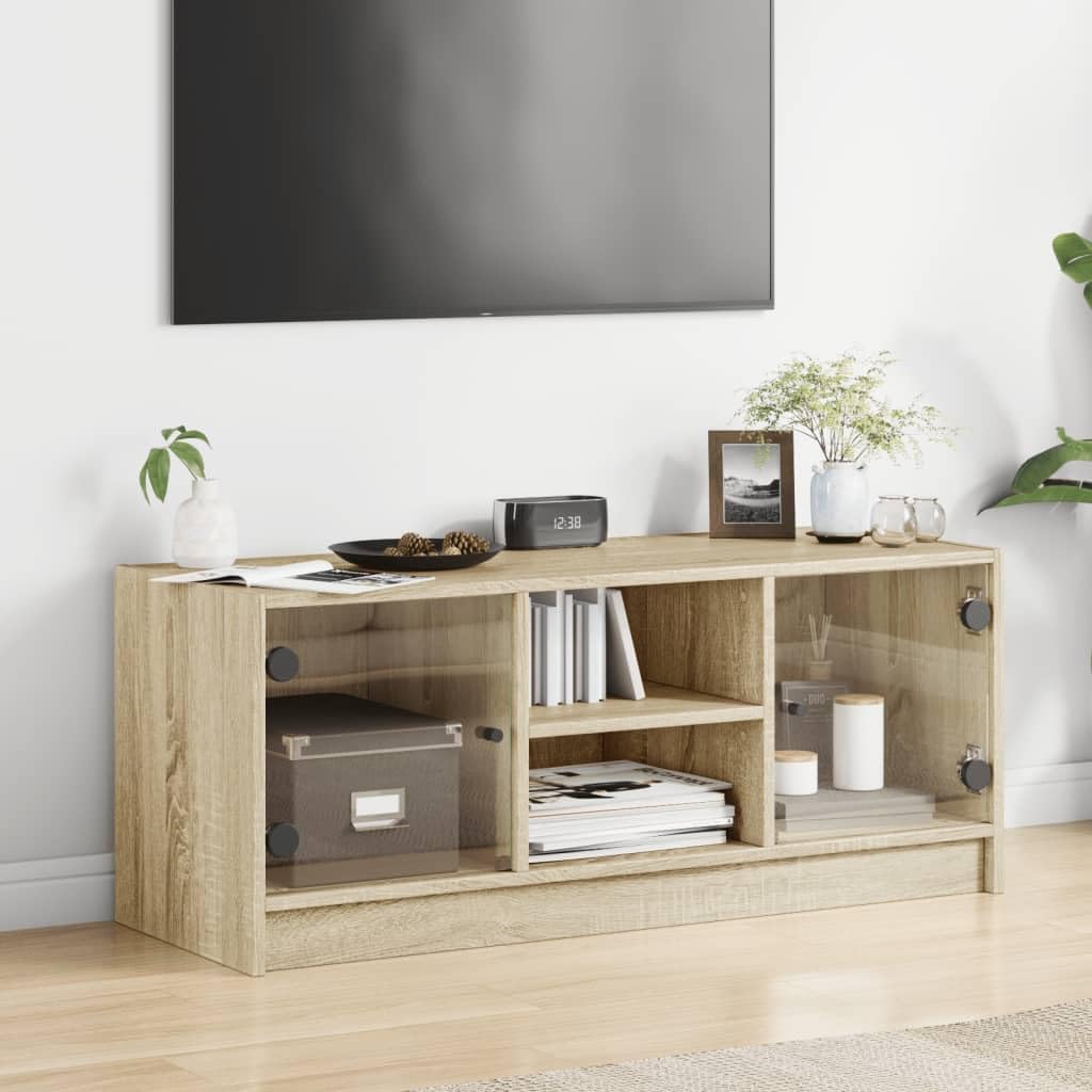 Mobile TV con ante in vetro, rovere Sonoma, 102 x 37 x 42 cm, mobile TV con vano portaoggetti, mobile basso e credenza per soggiorno, home theater, ripiano e gestione dei cavi