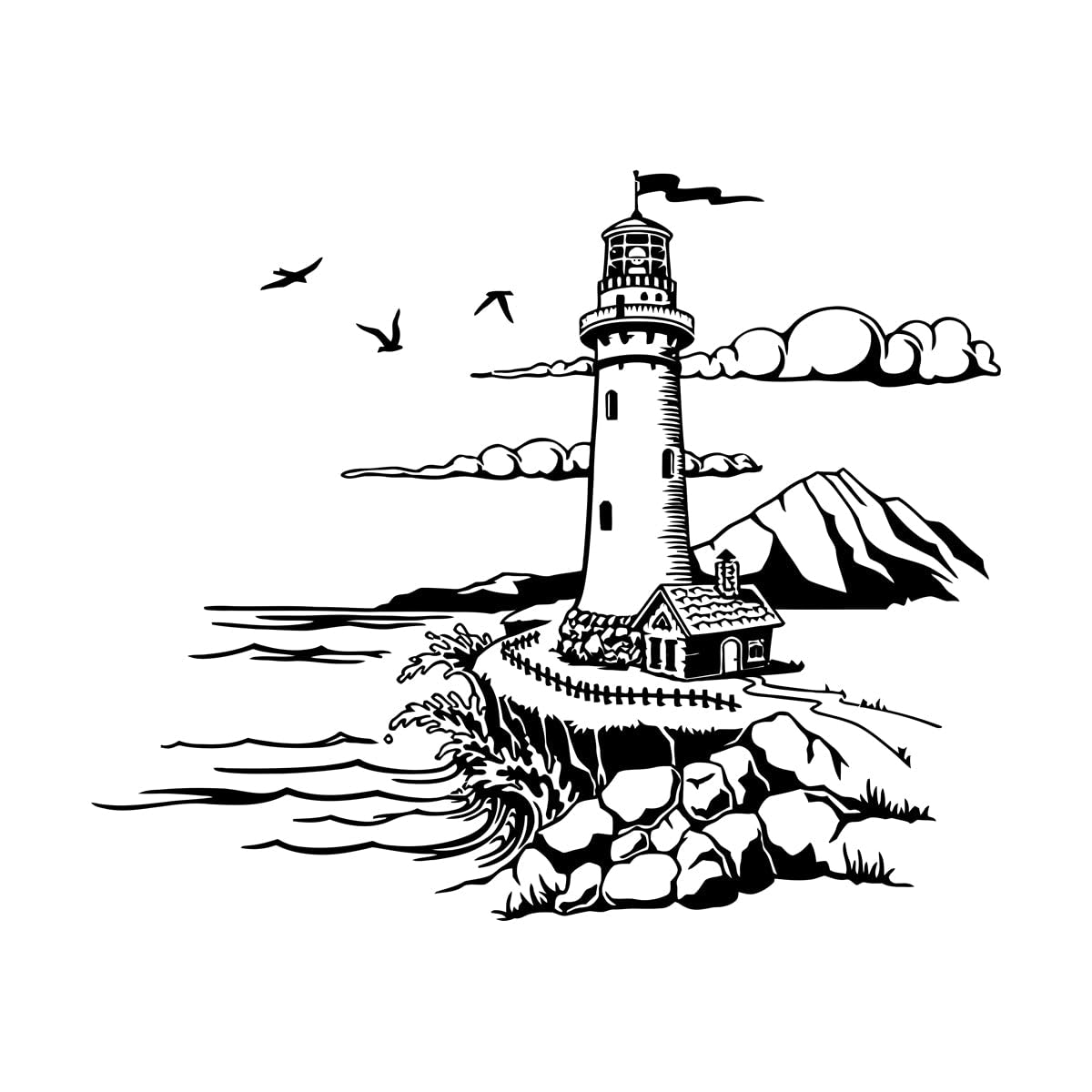 Cartoon Lighthouse Seaside Bird Travel Bathroom Adventure Exploration Wall Decals PVC 54x65.6cm It Won't Fall Off Large Black