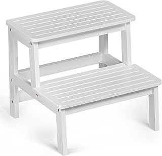 Domax Bamboo Wooden Step Stools for Kids - Toddler Step Stool for Bathroom Sink High Bed Toilet Kitchen Helper Wood Step Stool for Bedside for Adults Non-Slip Waterproof 2 Stepping Stool, White