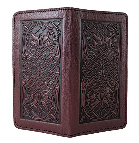 Oberon Design Celtic Hounds Embossed Genuine Leather Checkbook Cover, 3.5x6.5 Inches, Wine, Made in the USA