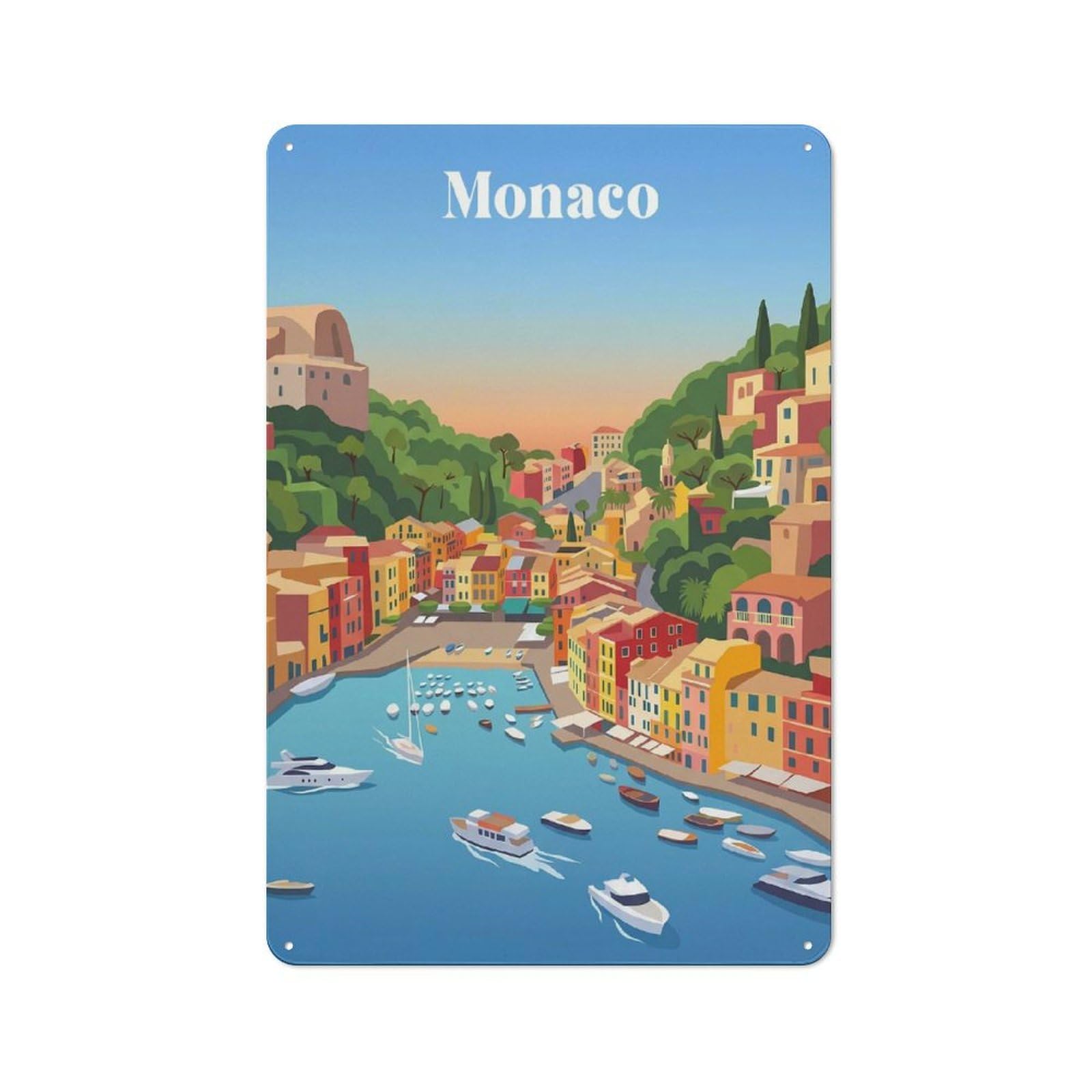Junmoney Style-11 Tin Wall Plaque 30X20cm With Monaco Coastal Town For Workshop Wall, Housewarming Wall Decor For People Furnishing Workshop