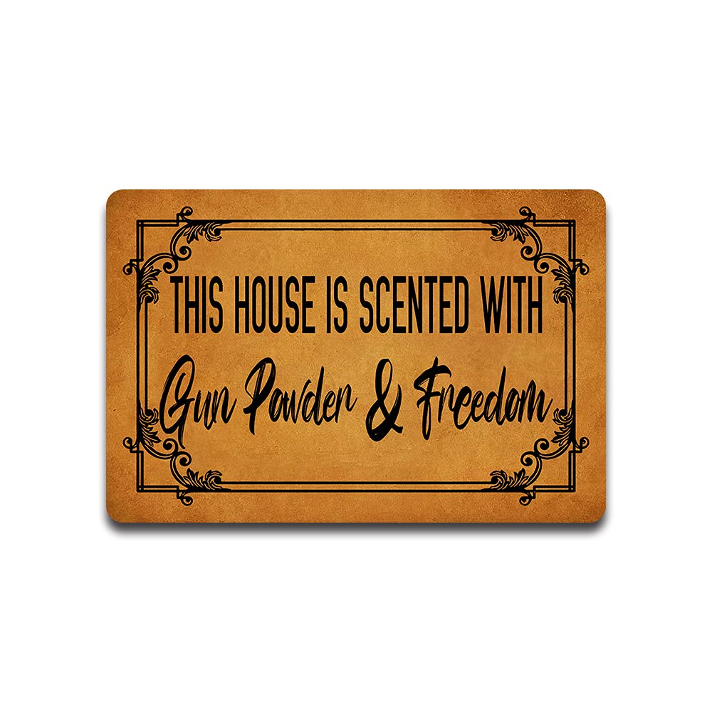 This House is Scented With Gun Powder and Freedom Doormat - Custom Funny Farmhouse Housewarming Gift - Monogram Non-Slip Rubber 23.6 Inch x 15.7 Inch