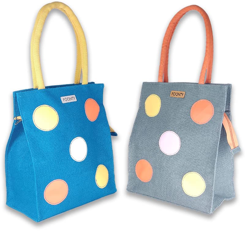 FOONTY Polka Popup Style Jute Lunch Bag Men and Women(Pack of 2,Turquoise,Grey,FSSS1901E)
