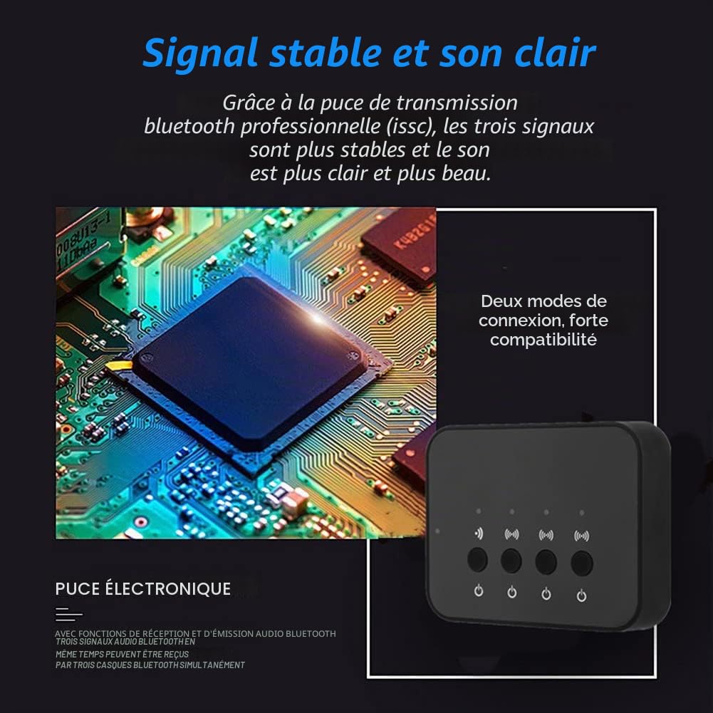 Splitter Bluetooth 1 entrée 3 sorties, adaptateur audio stéréo sans fil filaire 3,5 mm, compatible avec les téléphones mobiles, tablettes, ordinateurs portables, pour écouter de la musique, regarder d