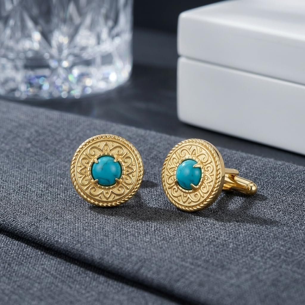 Gemelos de turquesa natural S925 para boda y día del padre, regalo para hombres