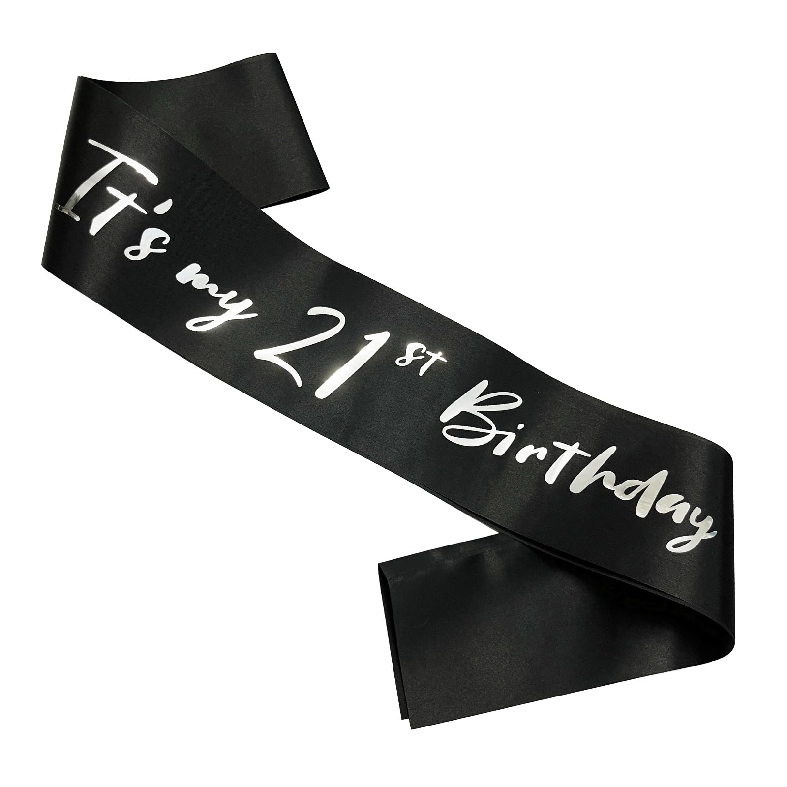 21st Birthday Sash, Black Satin Soft Sashes with Silver Foil Letter, Birthday Decorations for Girls or Boys, Happy 21st Birthday Party Favor Supplies,