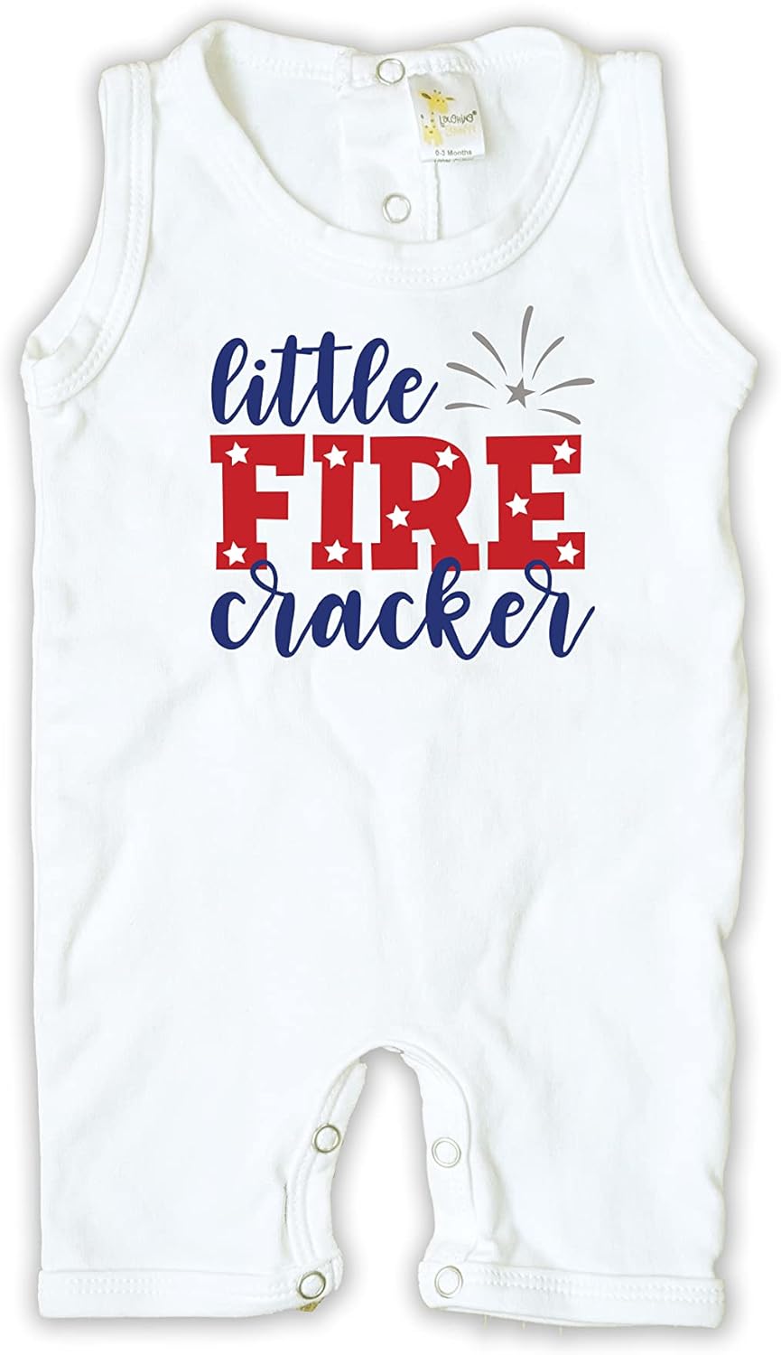 Little Firecracker Sleeveless Tank Romper, First Fourth of July Onesie Boy Girl Outfit, Patriotic Red White Blue Made in USA