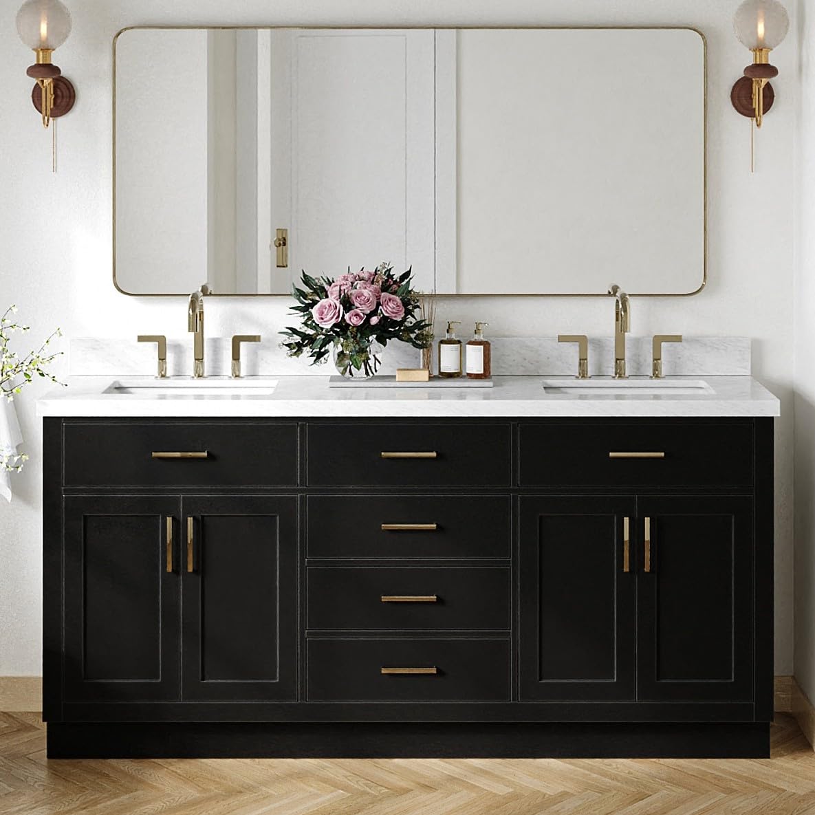 ARIEL Hepburn 72-inch black double sink vanity with Carrara marble top