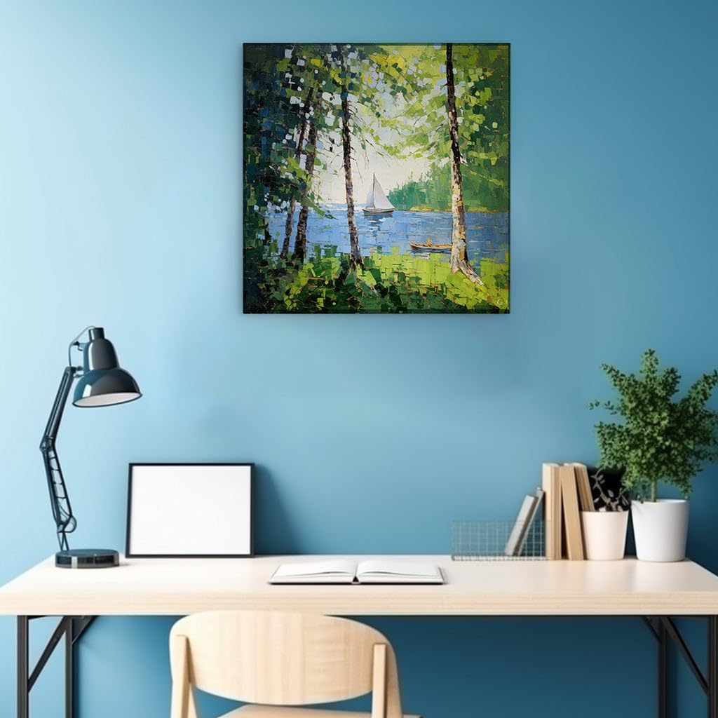 Canvas for Living room. Sailing Into Serenity: A Vivid Oil Painting of Tranquil River Elegance, 27 x 18 inch Canvas Wall Art - Contemporary Masterpieces - Modern Home Decor
