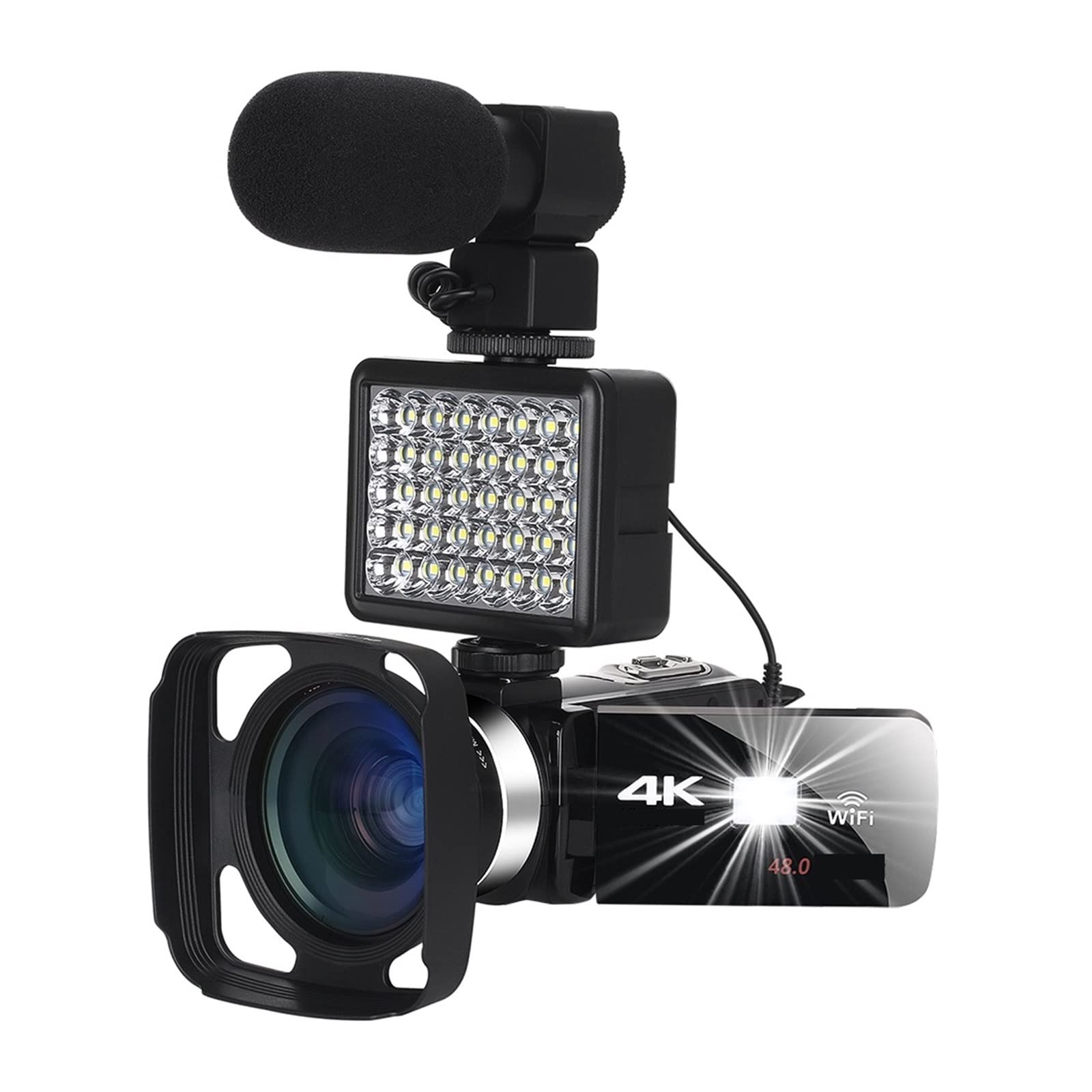 Videocamera, Videocamera da 48 MP Visione notturna digitale 4K Paraluce Fotocamera Vlog Ruota Touch Screen Fotografia(128G SD Card,Kit)