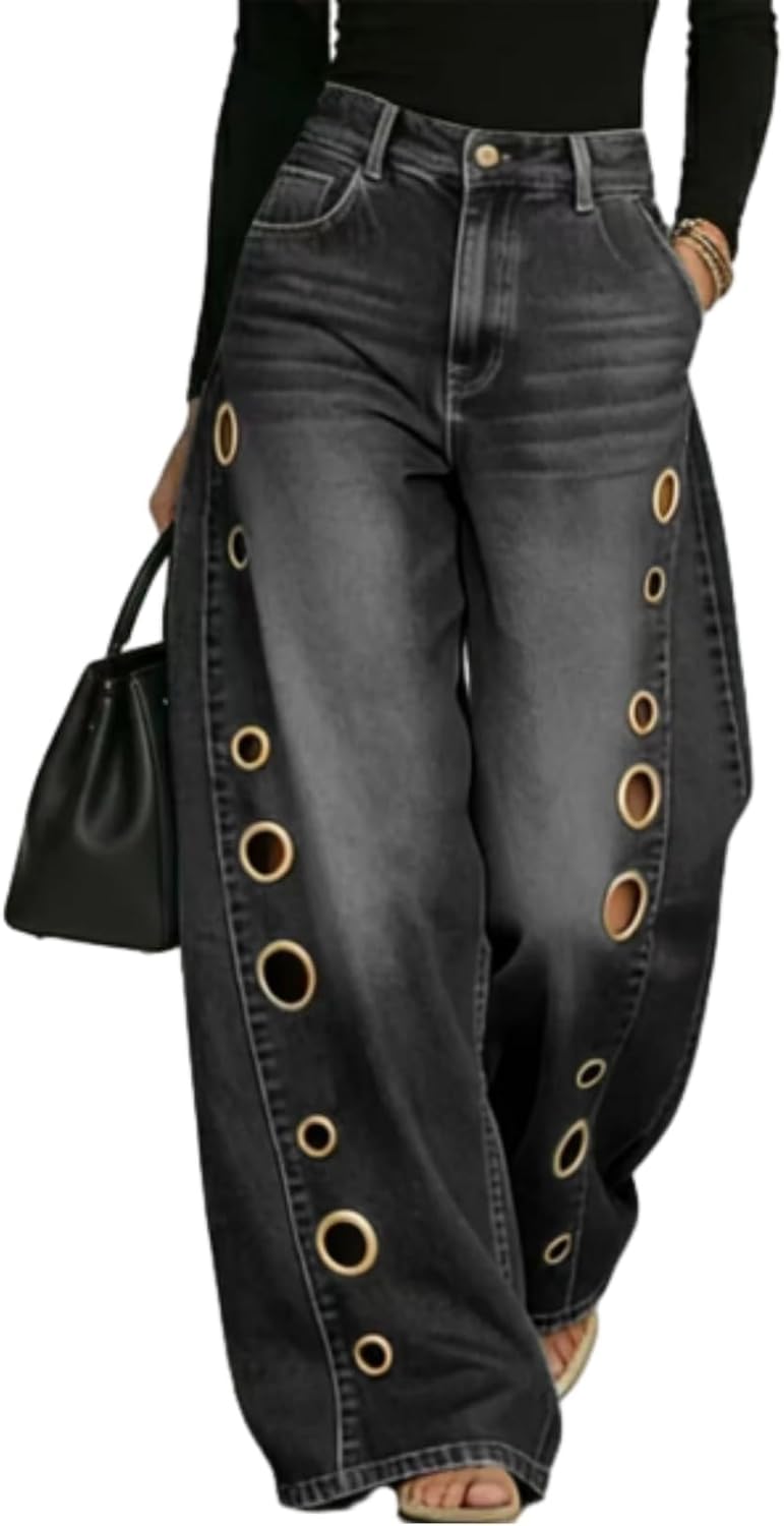 Trendy Eyelet Cutout Grommet Washed Denim Pants Women's High Waisted Wide Leg Jeans Baggy Hollow Out Trousers