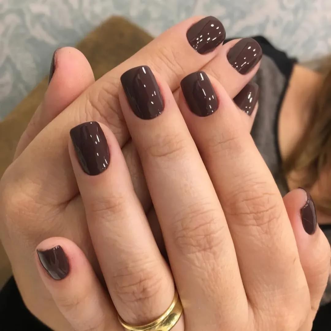 Setof 14 Pc, Glossy Dark Brown Nail Extensions, Short Square Shape,with Free Glue kit-image-9
