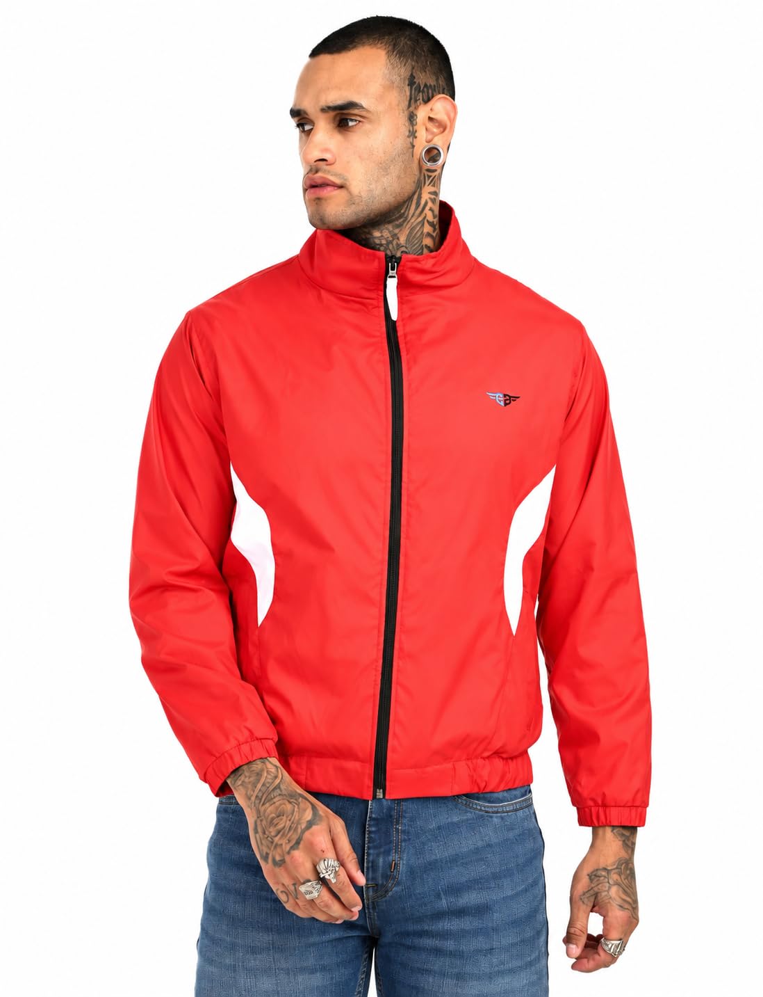 Men's Red Polyester Windcheater Jacket with High Neck-picture-25