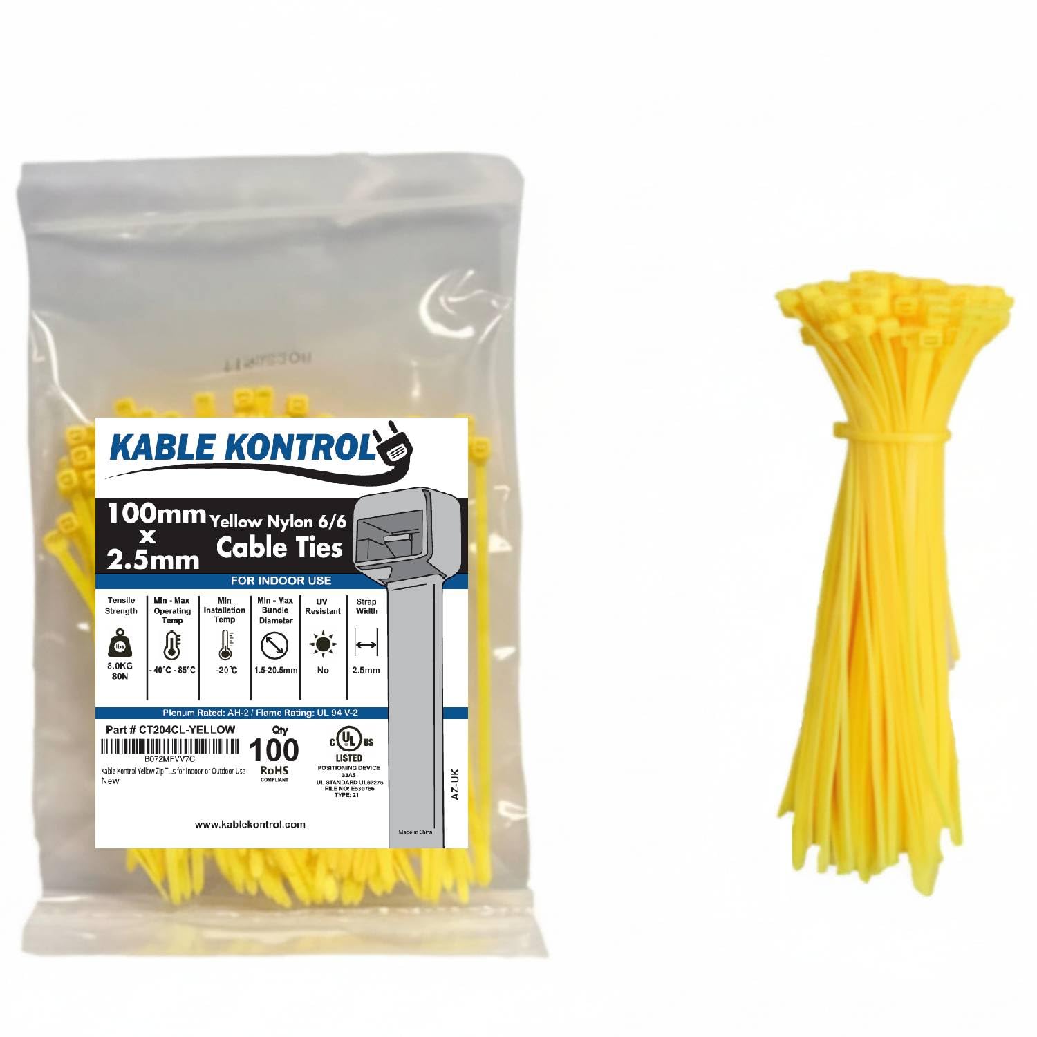 Kable Kontrol Yellow Cable Ties, 100 mm x 2.5 mm, Pack of 100, 4" Premium Nylon Zip Ties, Multi-Purpose Plastic Tie Wraps, Secure Self-Locking Mechanism, for Home, Garden, Office and DIY
