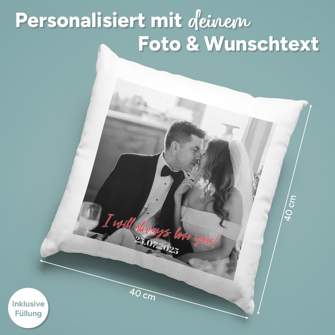 Personalisiertes Kissen 40x40 cm mit Foto & Kissenfüllung – Individuelles Fotokissen mit Bild – Personalisiertes Geschenk für Frauen, Männer & Freundin – Dekokissen & Kuschelkissen, Weiß/Schwarz