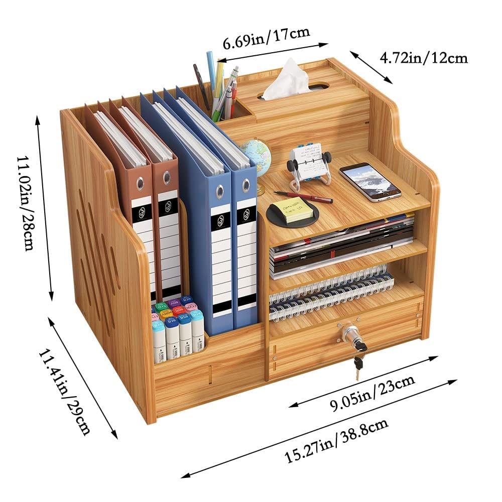 Hggzeg Schreibtisch-Organizer aus Holz mit Schublade, großes Fassungsvermögen, Schreibtisch-Organizer, A4-Papier-Dokumentensortierer, DIY-Bürobedarf, Aufbewahrungsbox für Zuhause(JB07-2 Kirschholz)