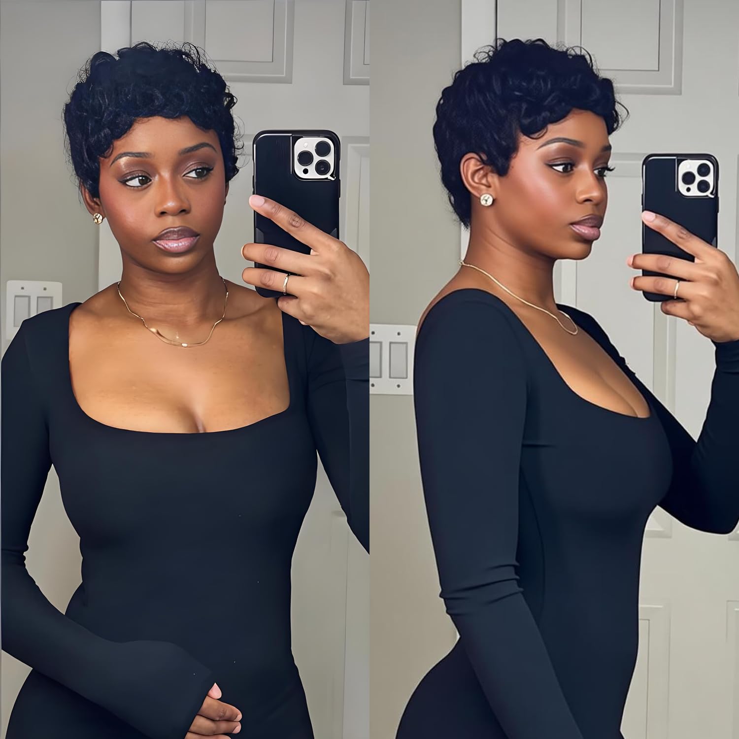 Pixie Cut Wig Human Hair Short Layered Pixie Wigs for Black Women None Lace Front Curly Human Hair Wigs with Bangs Wear and Go Glueless Full Machine Made Wig for Daily Use Natural Black Color