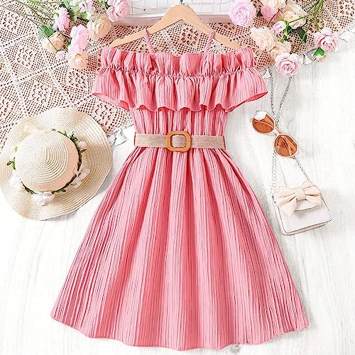 Girls Summer Dress Off Shoulder Flutter Sleeve Midi Swing Cassual Formal Dresses with Belt2