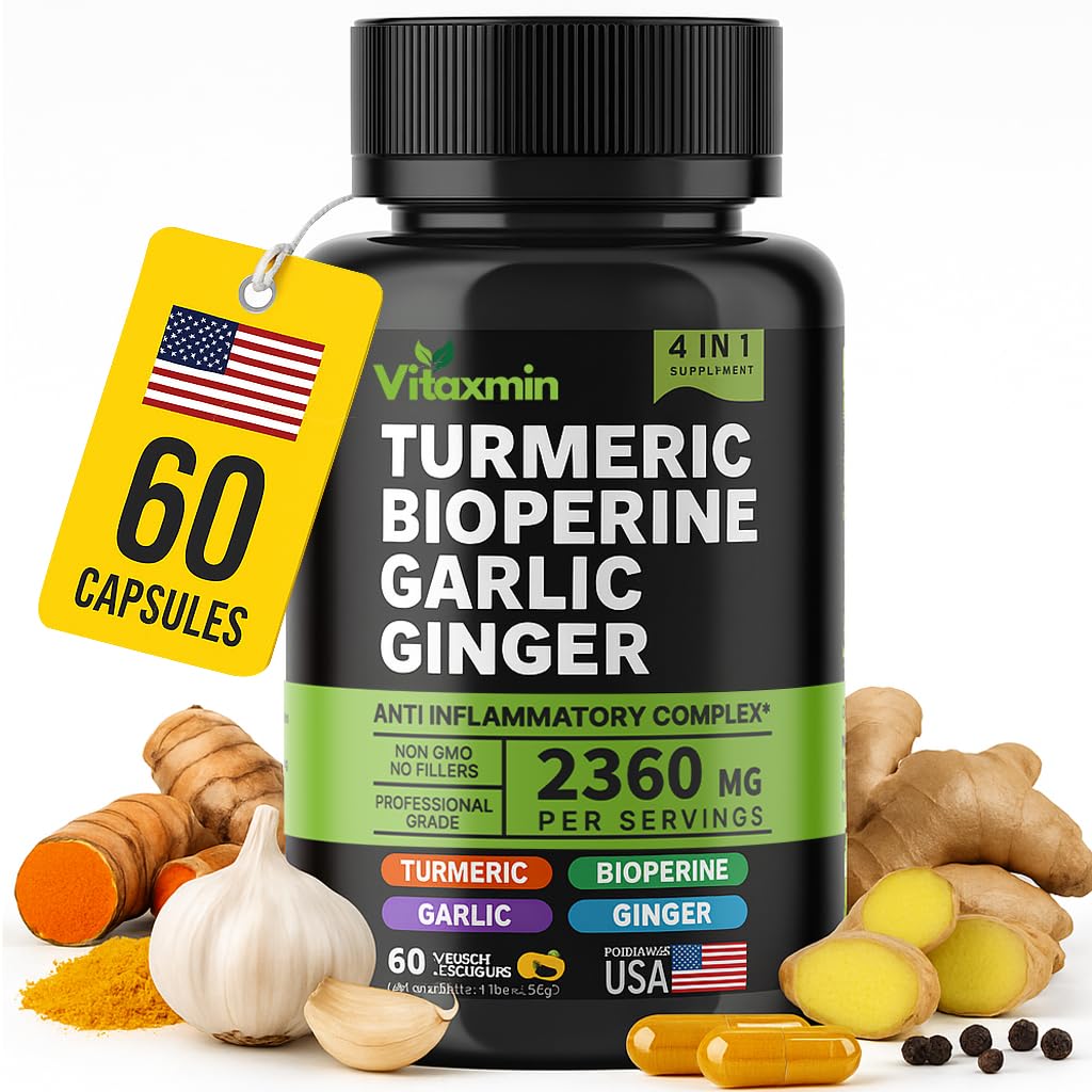 Turmeric Curcumin Supplement with BioPerine & Garlic - 2360mg High Potency Turmeric Ginger Root Capsules for Joint Support, Immune Health & Anti Inflammatory - 60 Veggie Caps