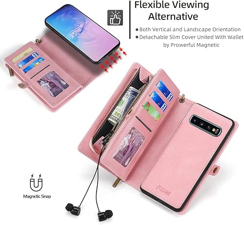 Miniatura 4 de Asuwish Funda de teléfono para Samsung Galaxy S10 con cremallera, funda desmontable con protector de pantalla de vidrio templado y tarjetero de