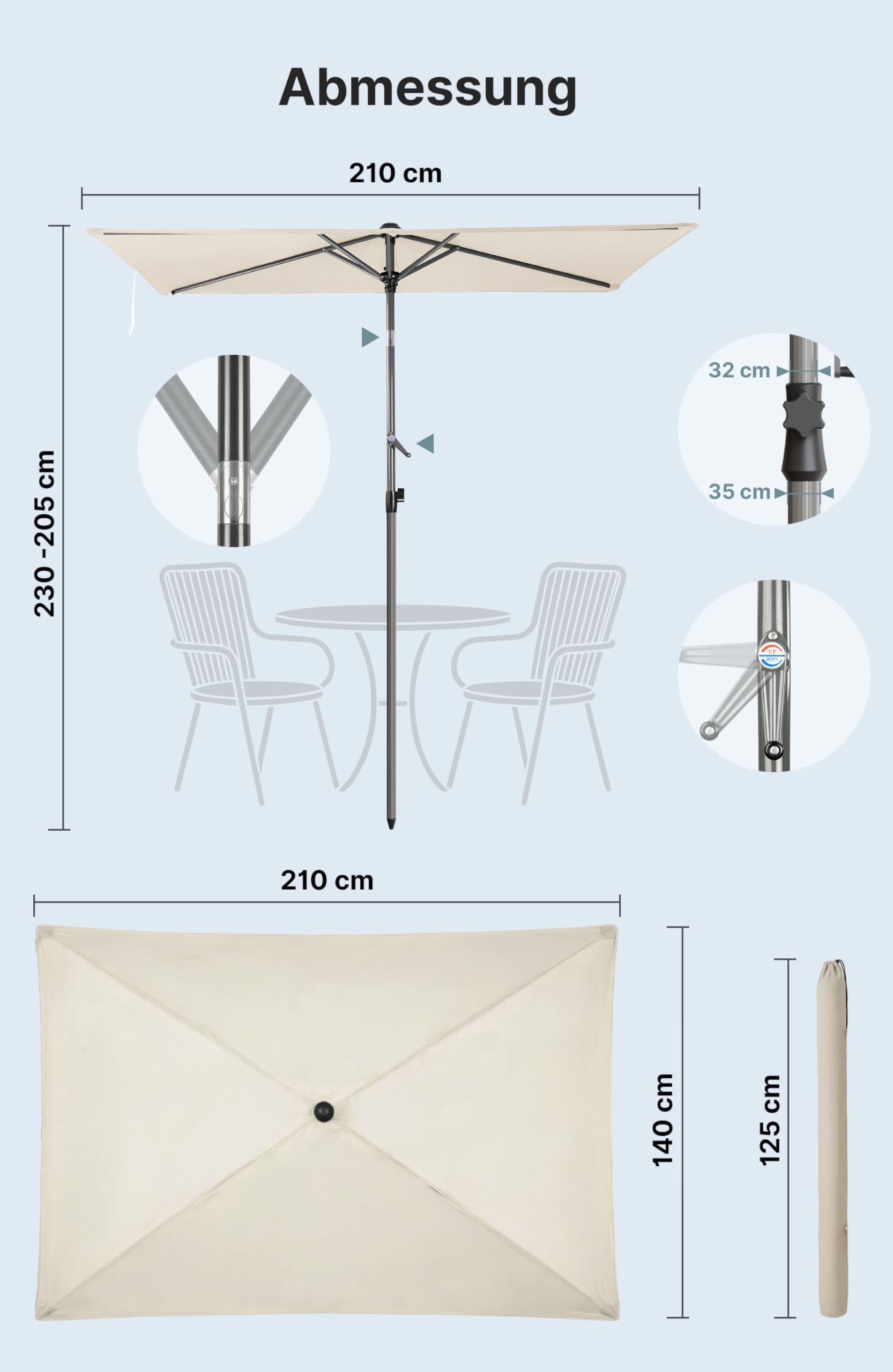 4smile SunnyShade Sonnenschirm Balkon Modern mit Kurbel, Sonnenschirm rechteckig 210x140 cm, Sonnenschutz Balkon mit UV 50+, Balkonschirm mit Schutzhülle, knickbar und höhenverstellbar, Beige