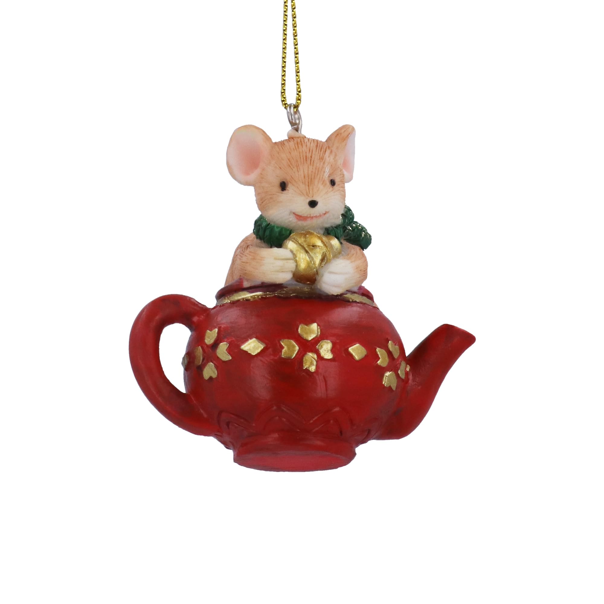 Gisela Graham Red Resin Mouse In A Teapot 5X6x4cm Hanging Decoration