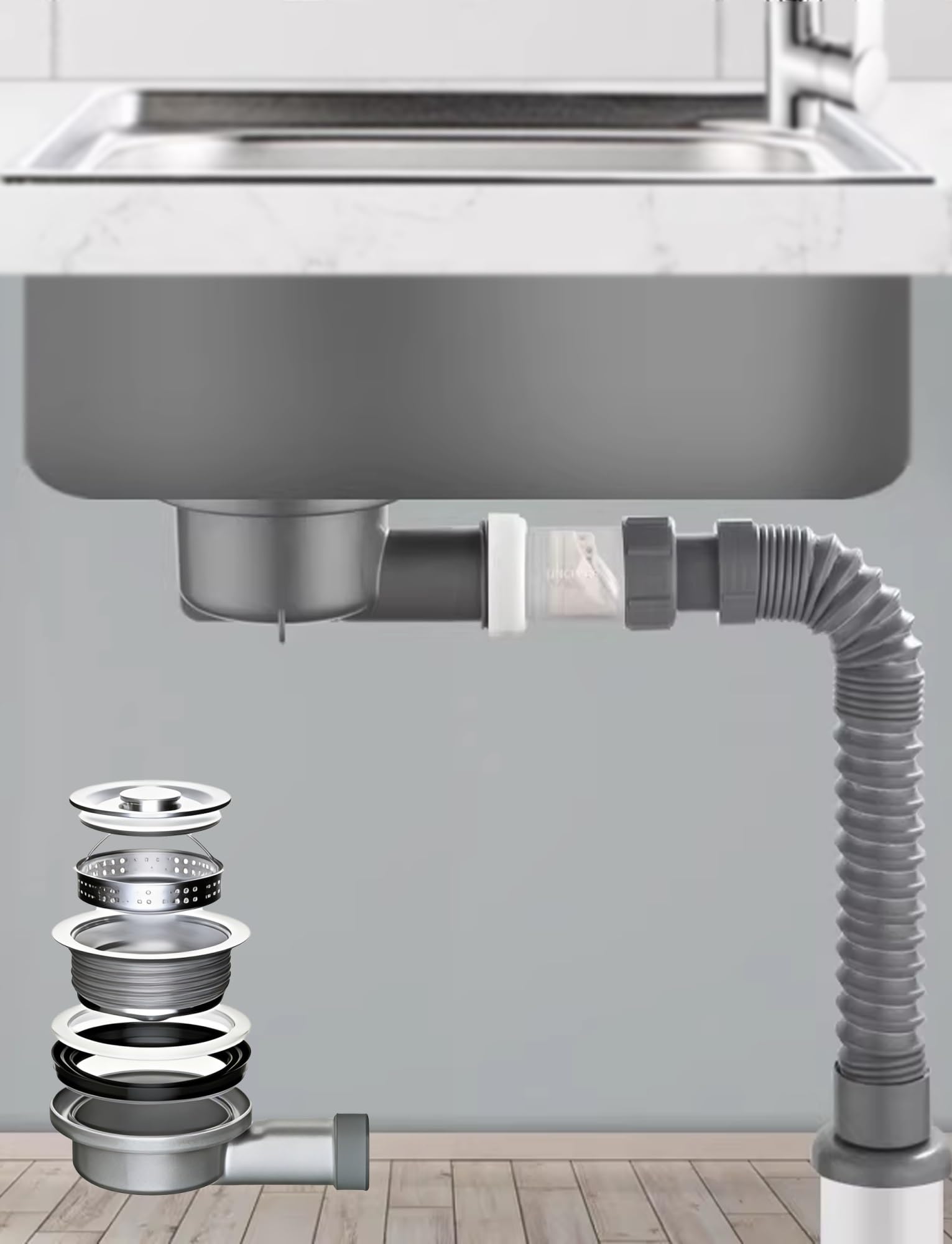 Tubo di scarico per lavello da cucina con valvola di ritegno anti-odore, tubo salvaspazio, facile collegamento a troppopieno, ideale per uso domestico e soluzioni di drenaggio efficienti