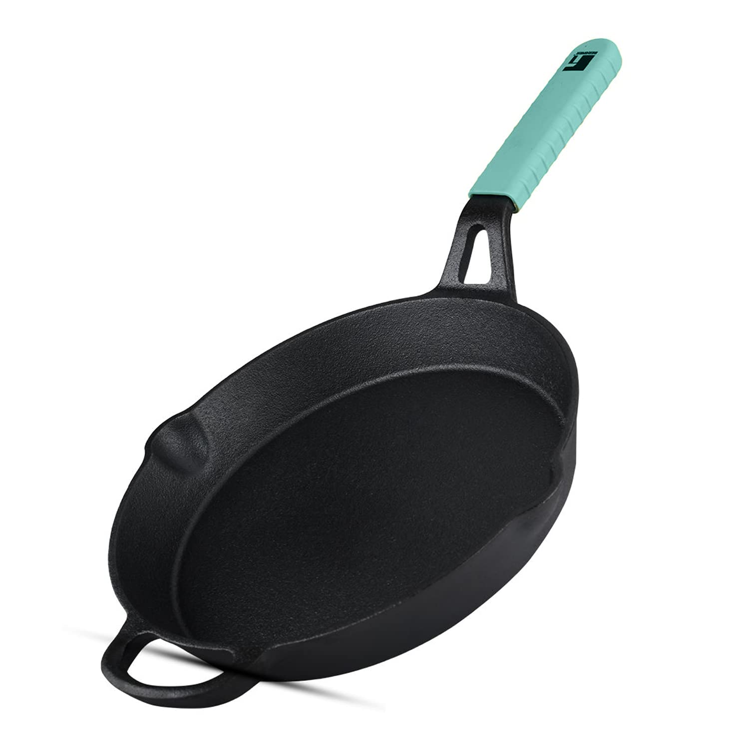 BERGNER Elements Cast Iron 26 cm Fry Pan, Pre-Seasoned, for Searing/Browning/Caramelizing/Frying/Toasting, Teal Blue Silicone Handle, Induction Bottom and Gas Stove Ready