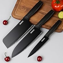 ONLYU Knife Set of 3 with Cover – Stainless Steel Sharp Chef Knives for Kitchen | Multipurpose Vegetable Cutting Knife Set for Cooking, Chopping Fruits, Meat (Black)