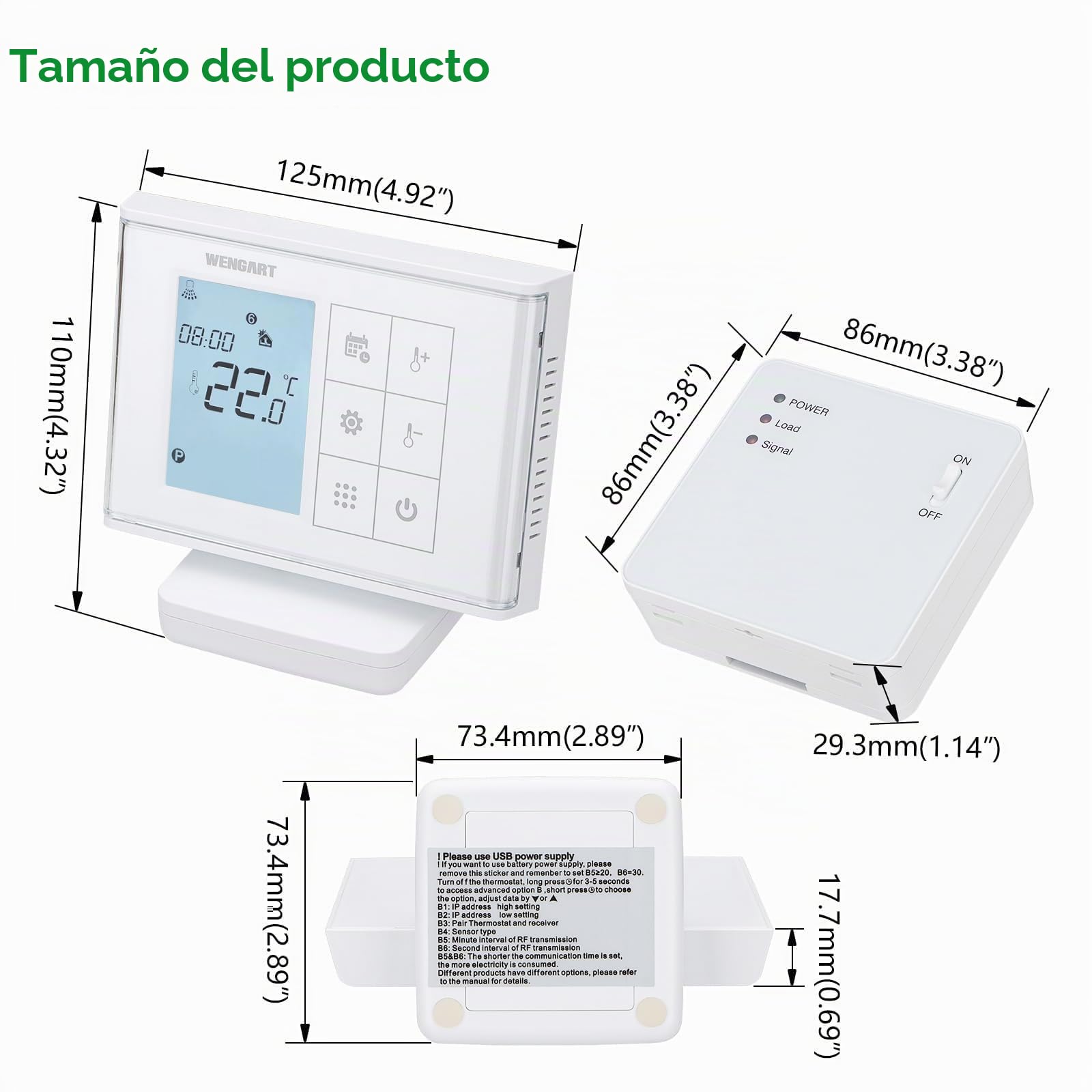 Wengart Termostato Inalámbrico RF WG010RF para Caldera de Gas y Suelo Radiante, Sin Cables, Programable, Pantalla con Pilas o USB, Receptor de Contacto Seco (Sin Voltaje), Blanco