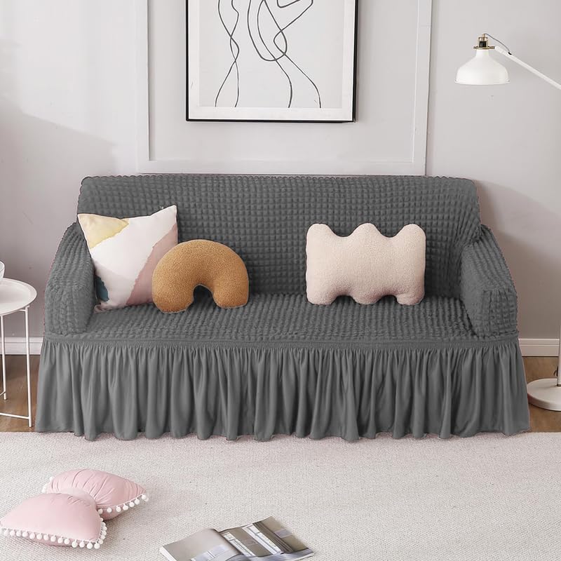 Image of Turkish Bubble Sofa Cover 3 Seater and 2 Seater Fully Covered 5 Seater Sofa Cover Non-Slip Sticky Elastic Stretchable Sofa Set Imported Slipcover Protector (3+1+1 Seater) (Dark Grey)