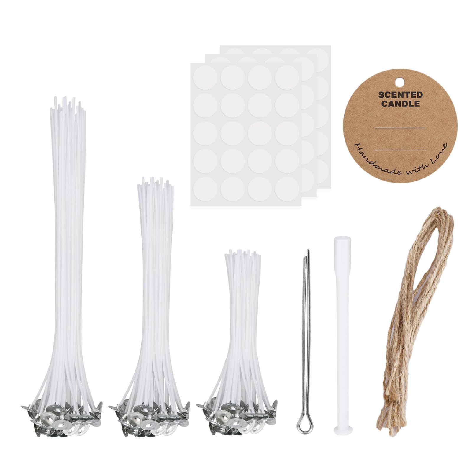 MOGADEE® Candle Wicks, 60Pcs Candle Wicks for Making Candles, with 1 Candle Wick Holders, 60 Glue Dots, 10Pcs Candle Signs1 Wick Holder Tubes, Low Smoke & Longer Burning Time for DIY Candles Crafts