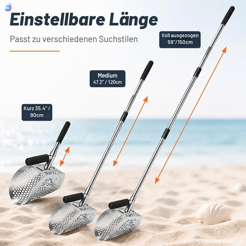 Edelstahl-Strand-Sandschaufel, 55 Zoll Langer Griff abnehmbare Metalldetektor-Schaufel für Sand Sichtung und Schatzsuche, kommt mit Einer kleinen Sandschaufel