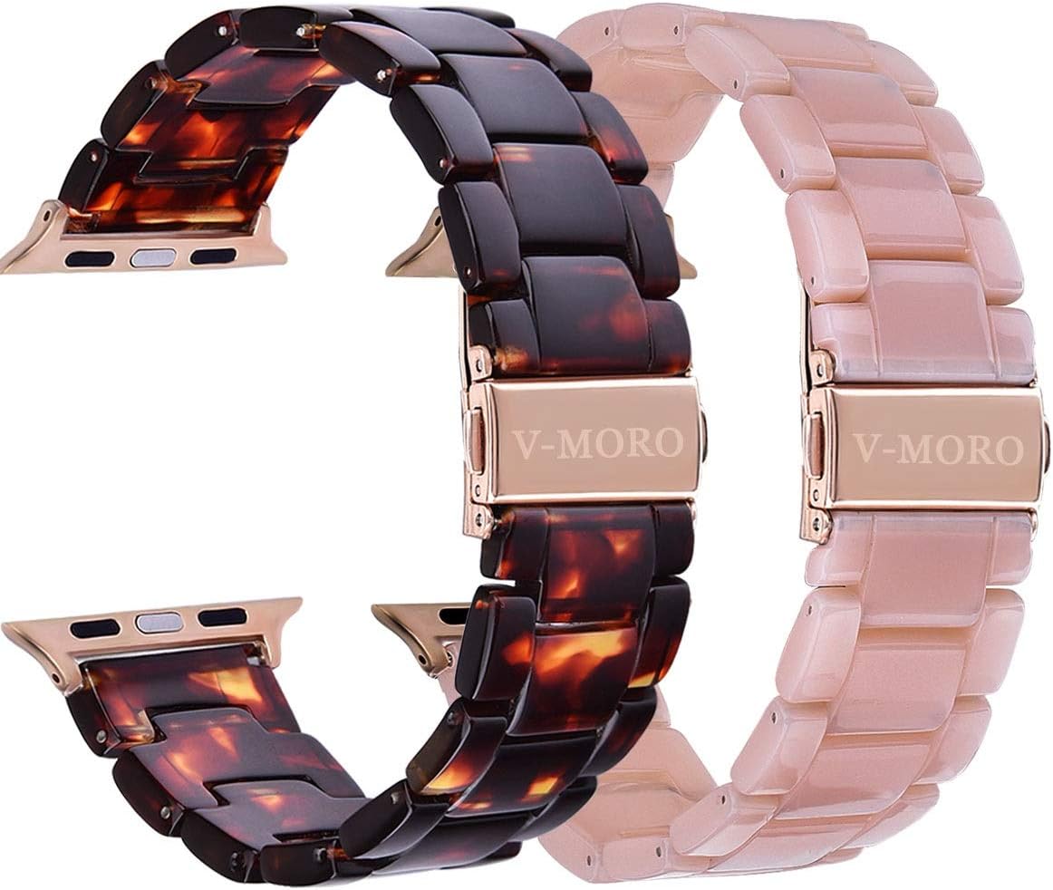 V-MORO 2 Pack Resin Lightweight Band Compatible with Apple Watch Band Combine with Stainless Steel Connector Strap Replacement Compatible for iWatch 38mm 40mm Series SE 6 5 4 3 2 1 Tortoise Pink