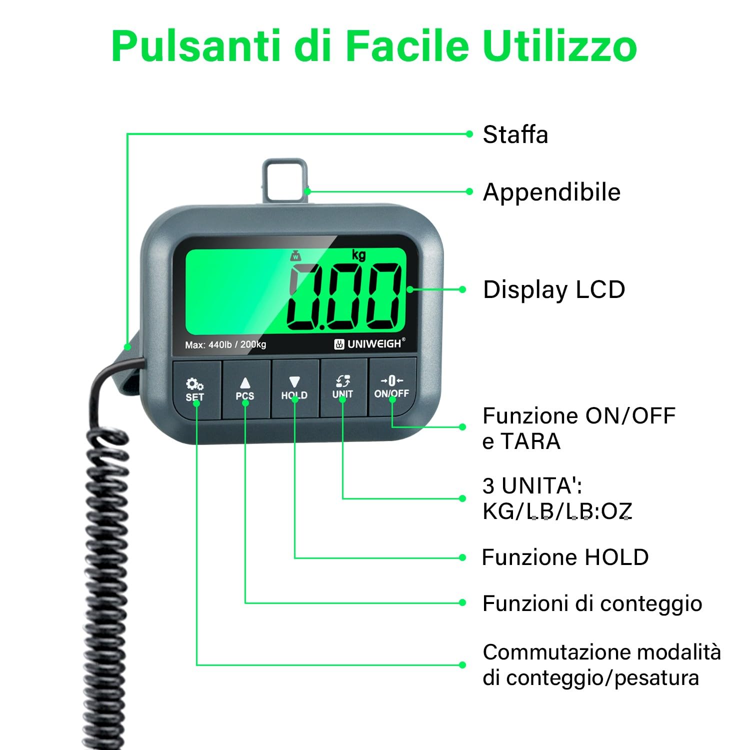 UNIWEIGH Bilancia Postale Digitale 200kg 10g Alta Precisione con Funzione Hold Tara Conteggio