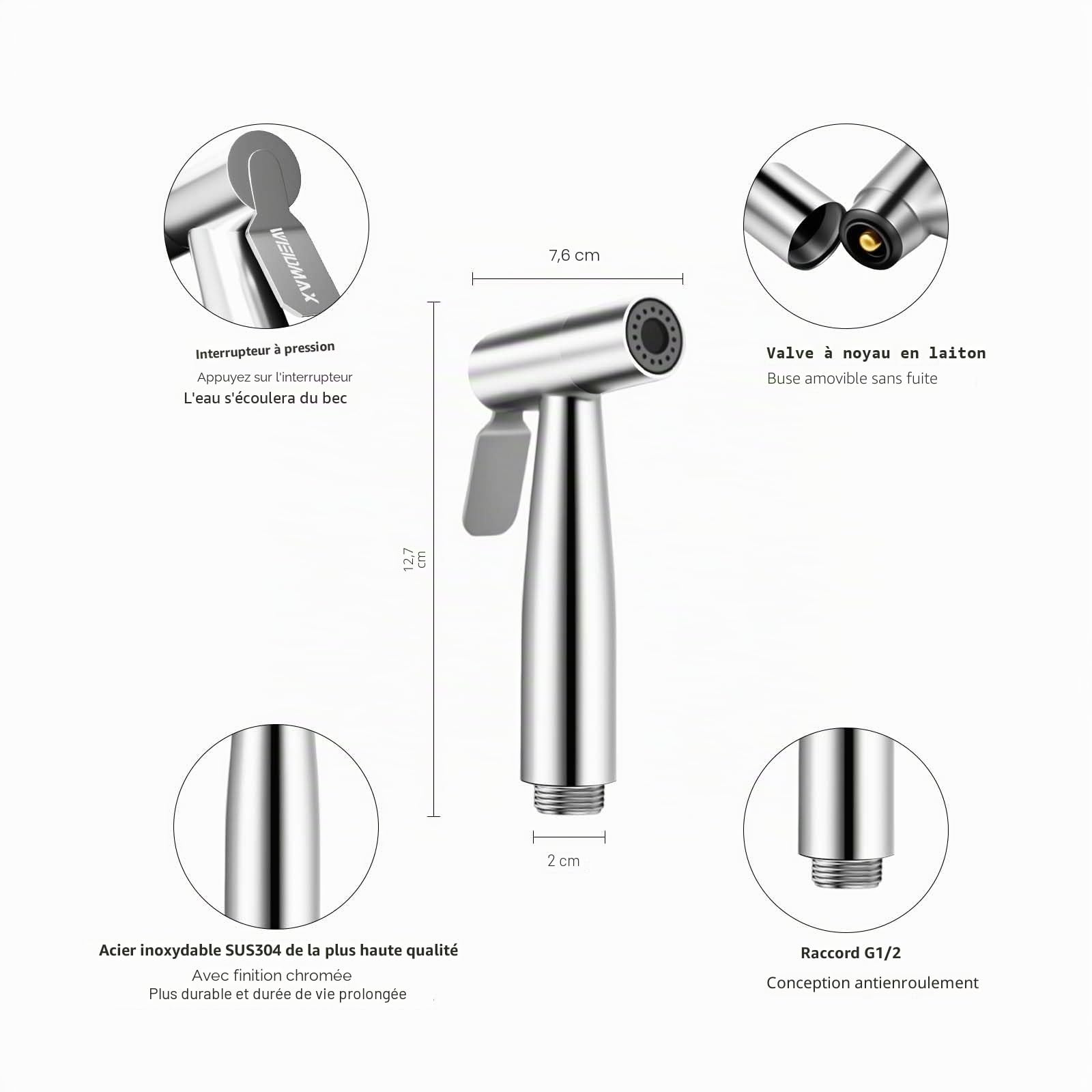Pulvérisateur de bidet à main WEIDMAX, kit de pulvérisation en nickel brossé en acier inoxydable, nettoyant pour couches en tissu de salle de bain, buse de douche antirouille portable (G1/2''-3/8'')