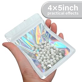 EONJOE 100-pack 45 inch mylar bags with clear window holographic resealable sealable packaging zip bag for small bussiness jewelry candy sample food packing supplies white