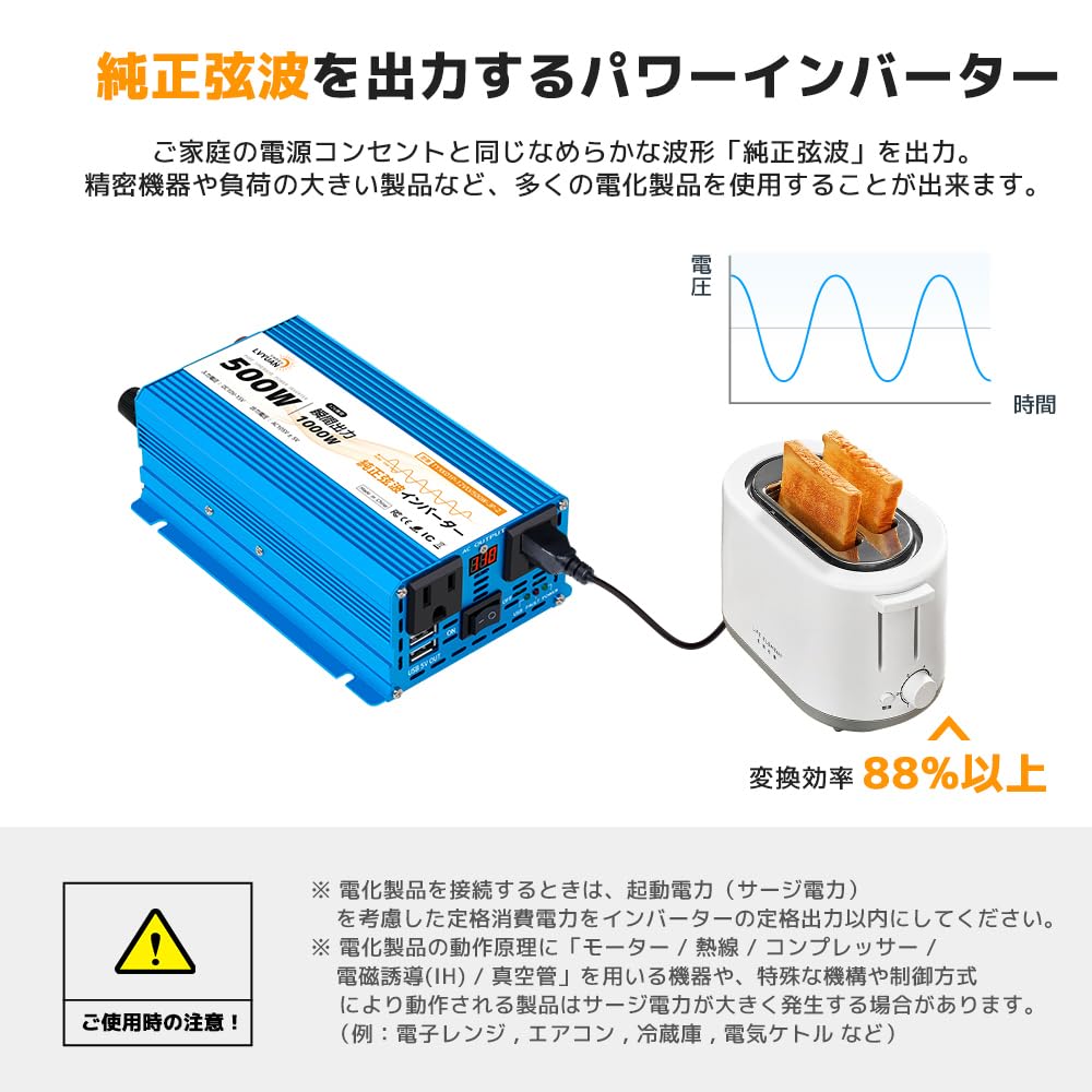 Amazon | LVYUAN（リョクエン） 正弦波インバーター 12V/500W(瞬間