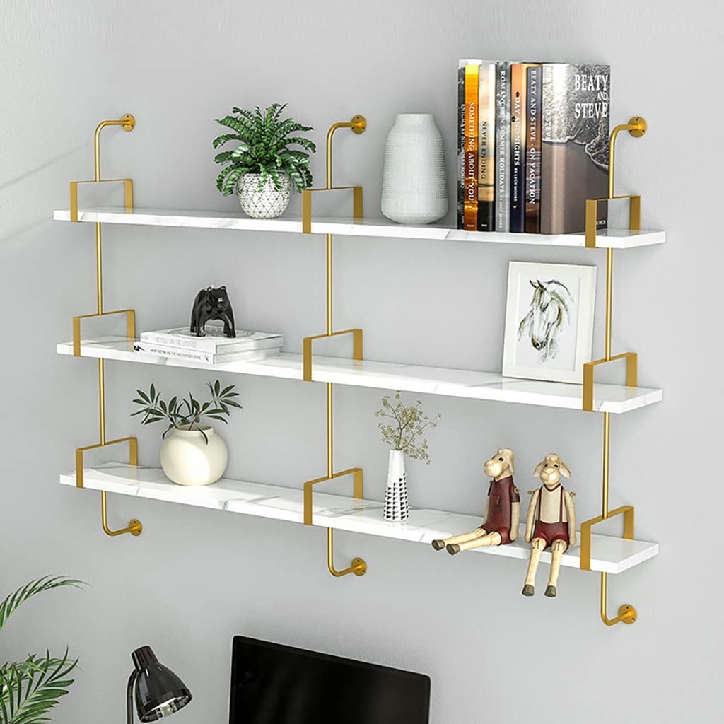 Mensola da parete in stile scandinavo con strato in legno massello che imita la trama del marmo e staffa in ferro dorato, libreria da parete e scaffale decorativo per casa e ufficio (3 ripiani, 80 cm)