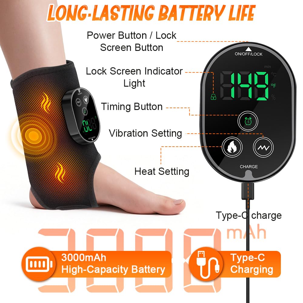 3-in-1 Fußmassagegerät, Kabelloses Elektrisches Fußmassagegerät mit 3 Vibrationsmodi und 6 Heizstufen, Portable Cordless Ankle Massagers mit 3000mAh Akku für Knöchel Ferse Fußsohle und Fußrücken