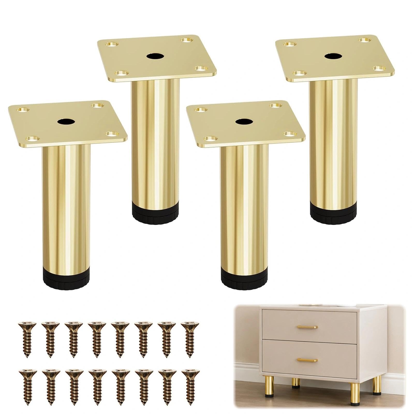 Chovize 4 Pcs Adjustable Metal Furniture Legs,10cm Modern Replacement Feet for Table, Cabinet, Desk, Shelf, Heavy Duty Iron (Gold)