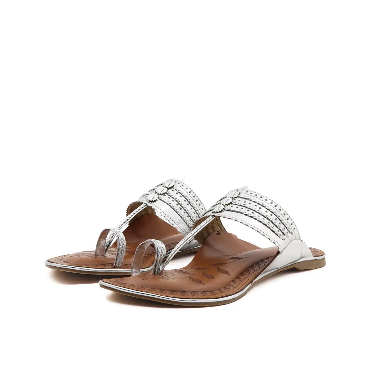 Rajwadi Kolhapuri Flat for Women in Rose Gold and Silver, Cushioned Footbed, Slip-On, Toe-Loop, Festive and Casual Wear-image-1