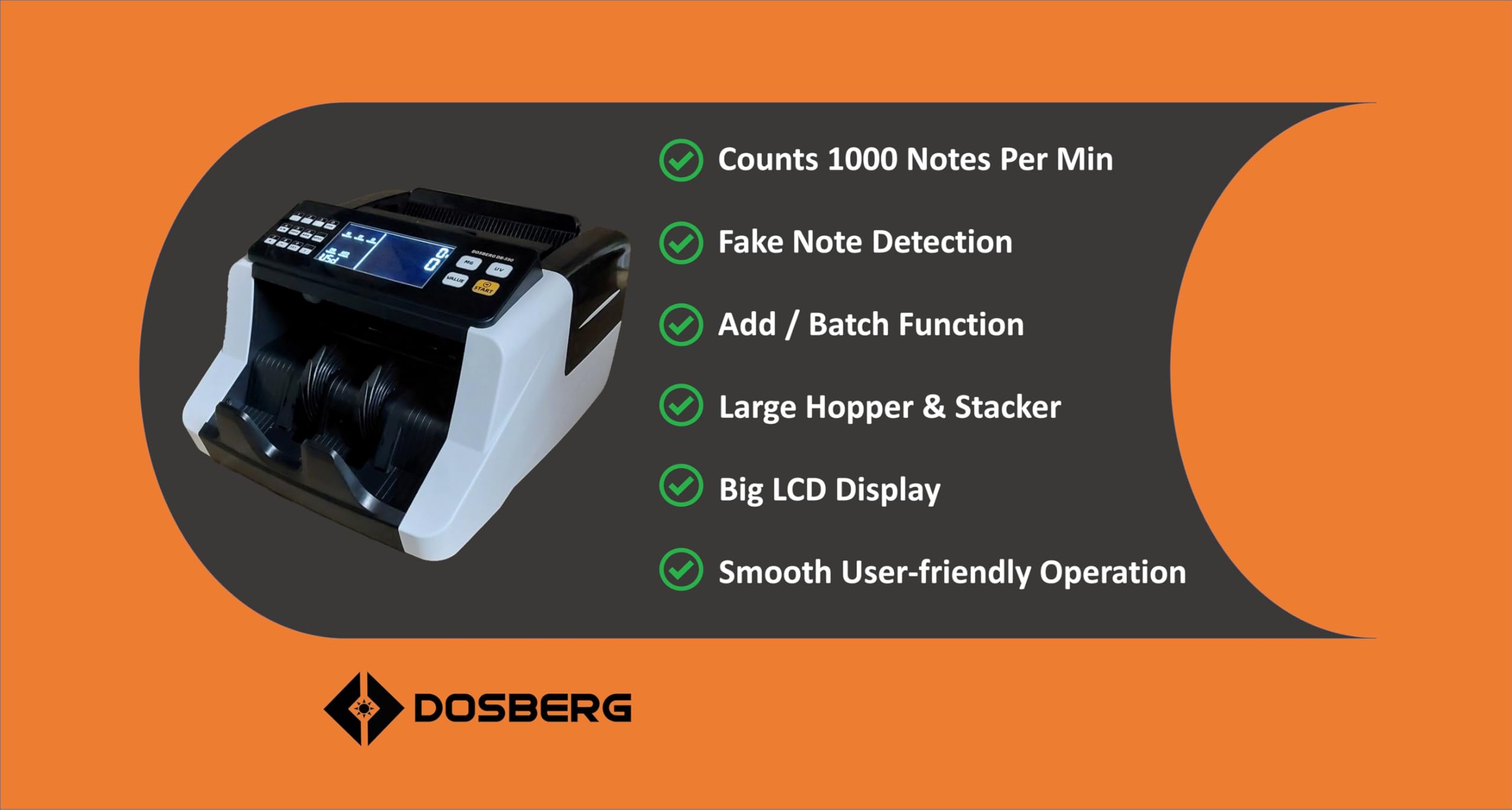 Dosberg DB-590 Currency Counting Machine with Counterfeit Detection I Add and Batch Modes - Large LCD Display/Numeric Keypad I Perfect Speed Counting 2